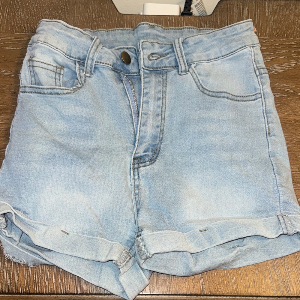 SHEIN Light Blue High-Rise Rolled Hem Denim Shorts